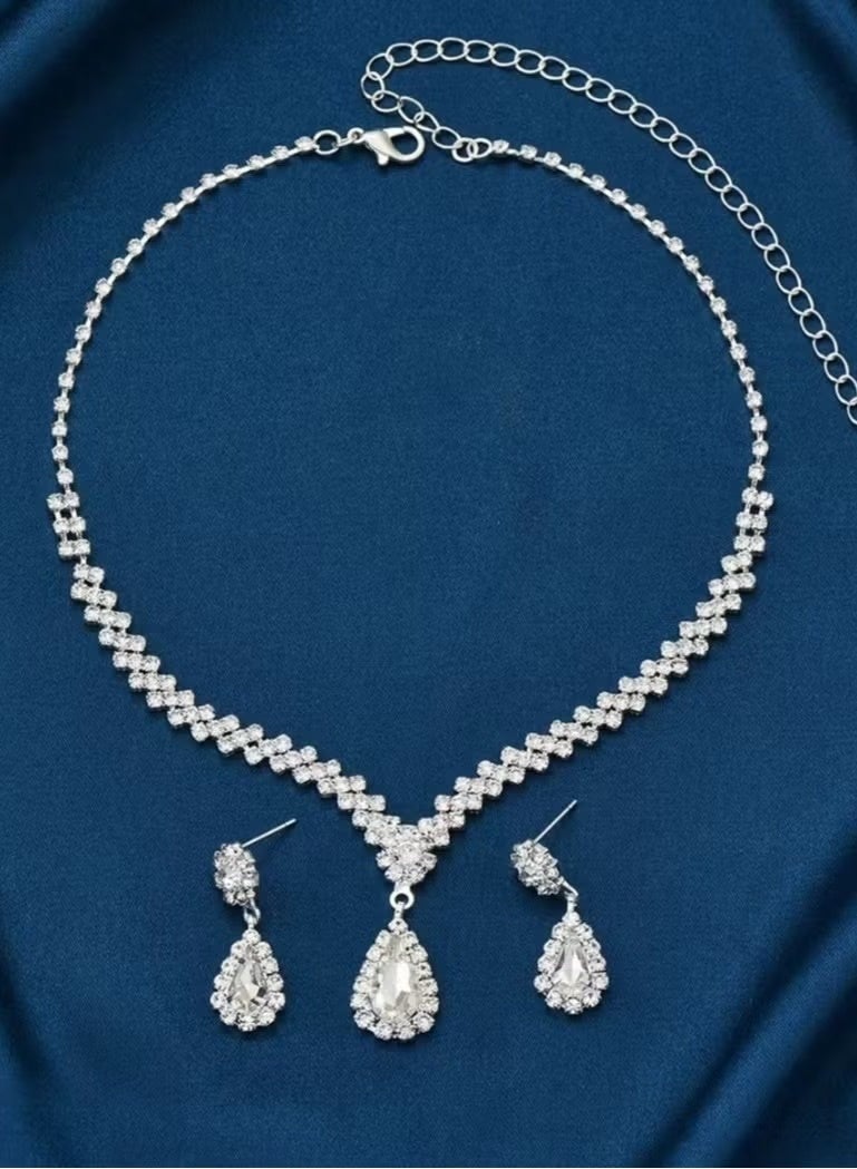 3-piece elegant silver women's prom jewelry set - rhinestone necklace, earrings and bracelet - women's clavicle necklace, bridal accessories, teardrop-shaped crystal evening dress accessories - Image 5