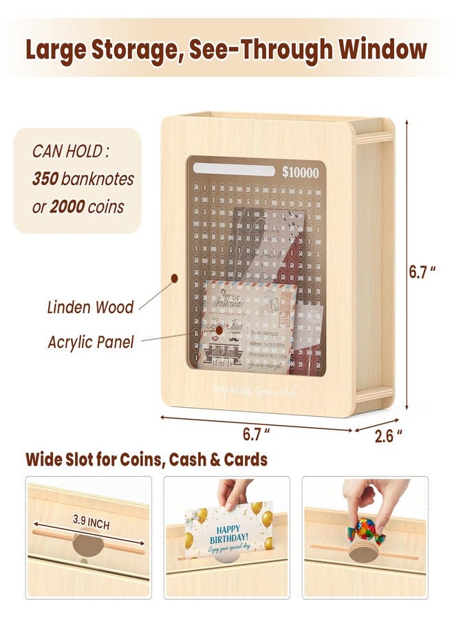 Summidate Wooden Money Saving Box, Clear Window Cash Vault Savings Box -10000 Challenge with Tracker Stickers, Reusable Piggy Bank for Adults & Kids, Birthday/Baby Shower/Wedding Gift - Image 4