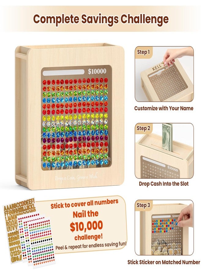 Summidate Wooden Money Saving Box, Clear Window Cash Vault Savings Box -10000 Challenge with Tracker Stickers, Reusable Piggy Bank for Adults & Kids, Birthday/Baby Shower/Wedding Gift - Image 2