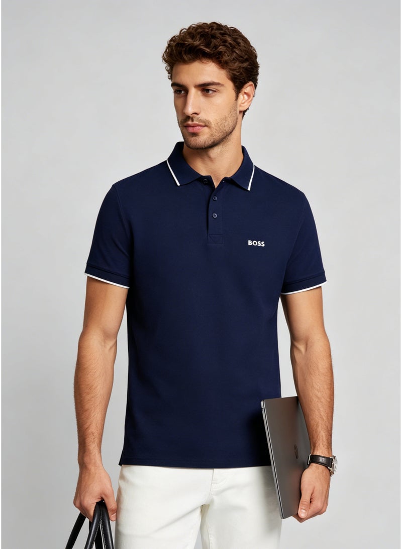 BOSS Men's Short Sleeve Contrast Tipped Polo Shirt, Smart Casual Regular Fit, Navy Blue - Image 4