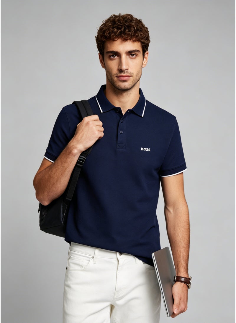 BOSS Men's Short Sleeve Contrast Tipped Polo Shirt, Smart Casual Regular Fit, Navy Blue - Image 3