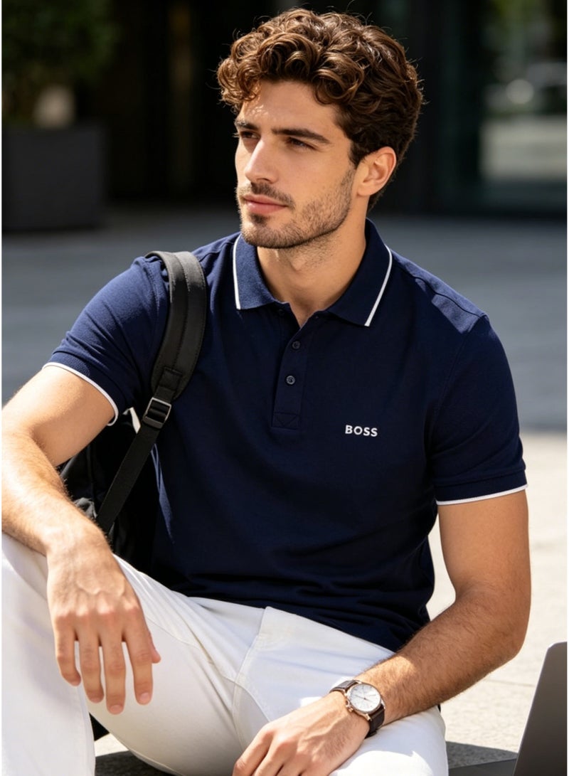 BOSS Men's Short Sleeve Contrast Tipped Polo Shirt, Smart Casual Regular Fit, Navy Blue - Image 5