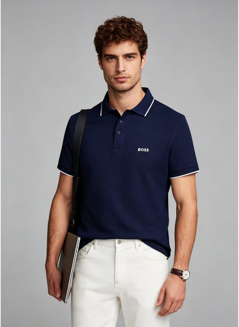 BOSS Men's Short Sleeve Contrast Tipped Polo Shirt, Smart Casual Regular Fit, Navy Blue - Image 2