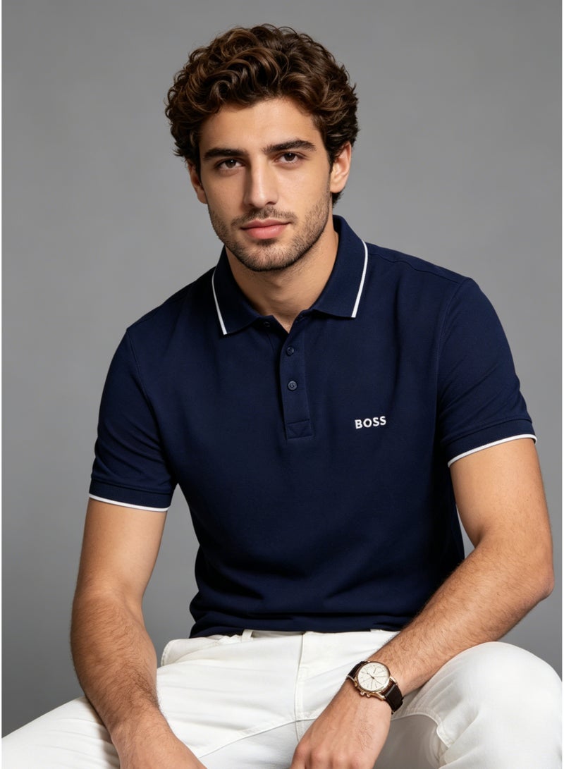 BOSS Men's Short Sleeve Contrast Tipped Polo Shirt, Smart Casual Regular Fit, Navy Blue - Image 1