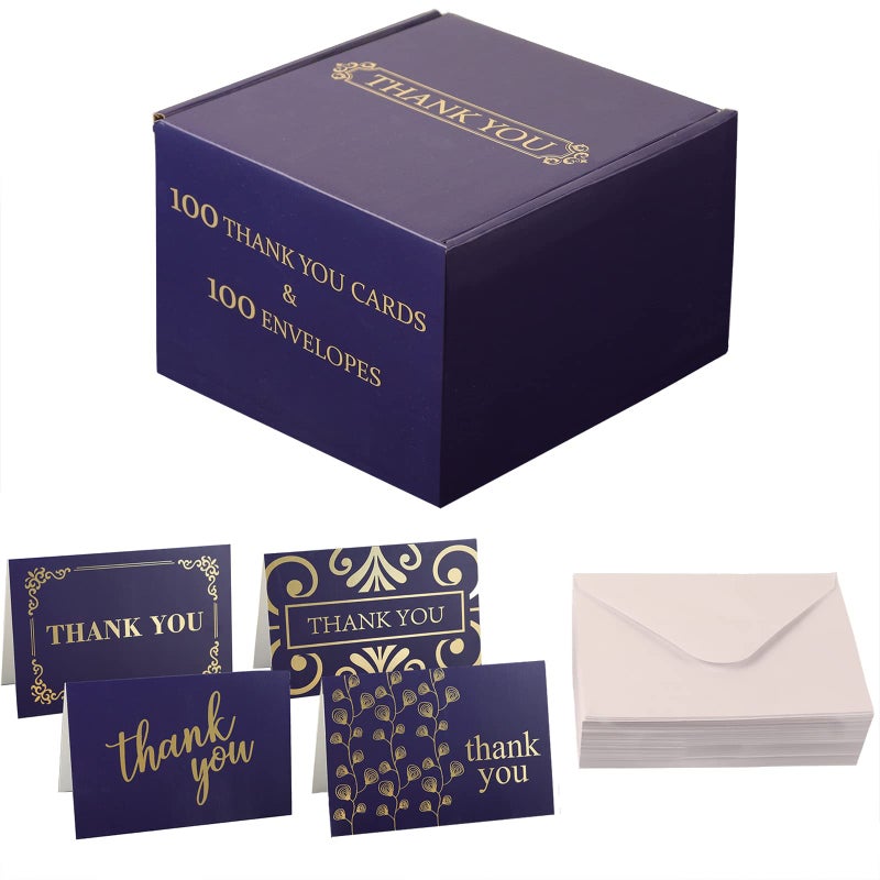 Bonfasvo 100 Pack Blue Thank You Cards & 100 Pack White Envelopes 4.25 x 6.25 inches Elegant Fold Over Greetings Blank Inside, Handwritten Style For Business Graduation Baby Shower & Wedding - Image 1