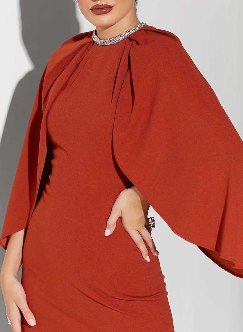 Namshi x Sabrina Embellished Neckline With Cape Sleeve Dress