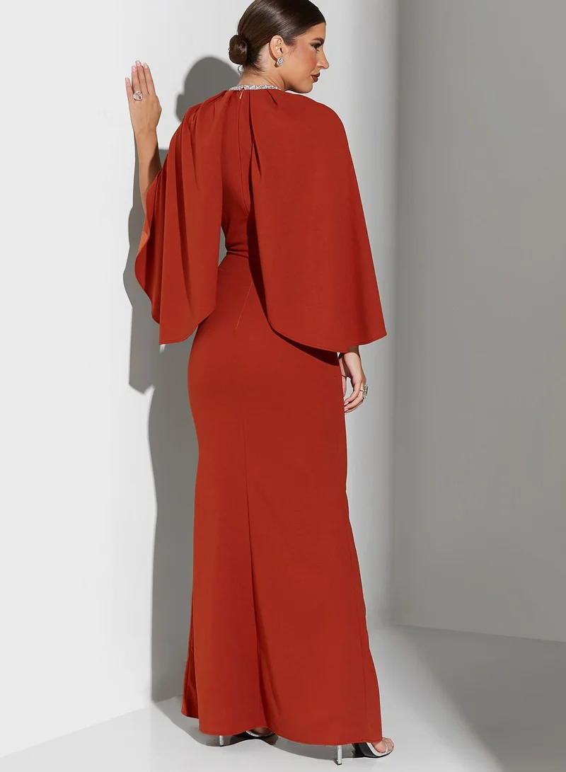 Namshi x Sabrina Embellished Neckline With Cape Sleeve Dress