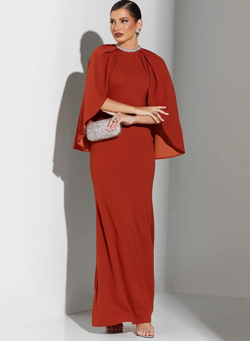 Namshi x Sabrina Embellished Neckline With Cape Sleeve Dress