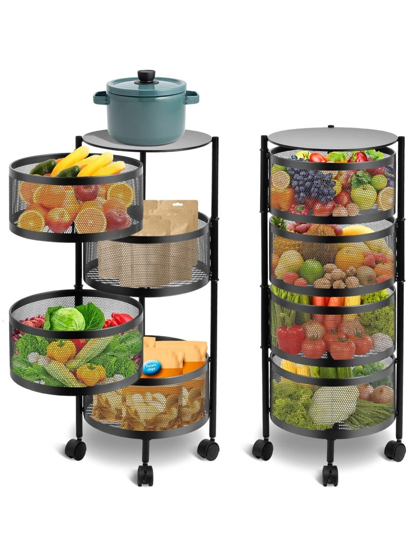 Todeco Multi-Function Rotating Storage Rack, 4-Tier Round Kitchen Storage Shelf on Wheels, Floor-Standing Fruit Vegetable Storage Basket, Household Storage Organizer for Kitchen Living Room, Black - Image 1