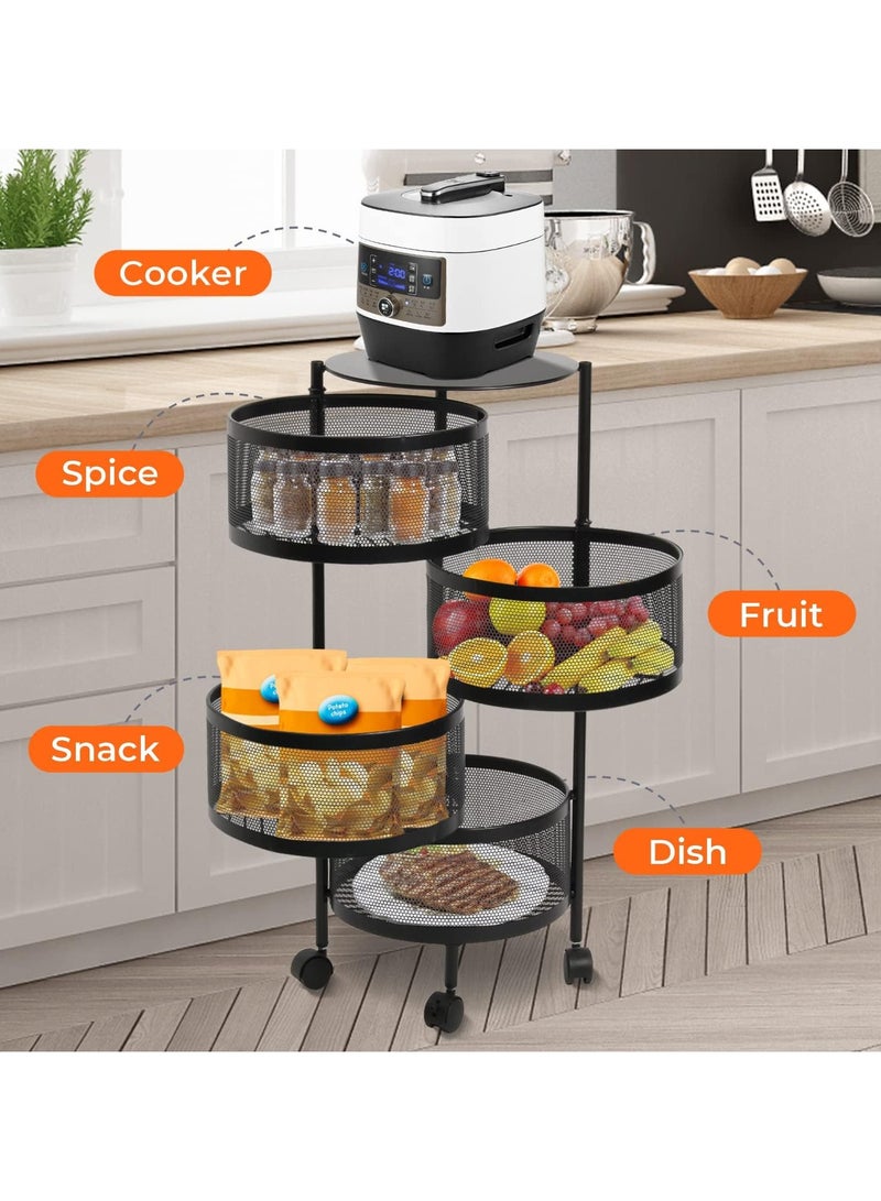 Todeco Multi-Function Rotating Storage Rack, 4-Tier Round Kitchen Storage Shelf on Wheels, Floor-Standing Fruit Vegetable Storage Basket, Household Storage Organizer for Kitchen Living Room, Black - Image 4