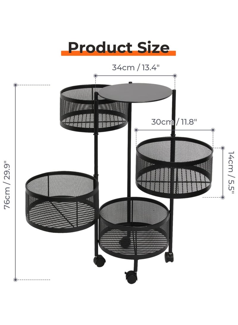 Todeco Multi-Function Rotating Storage Rack, 4-Tier Round Kitchen Storage Shelf on Wheels, Floor-Standing Fruit Vegetable Storage Basket, Household Storage Organizer for Kitchen Living Room, Black - Image 3