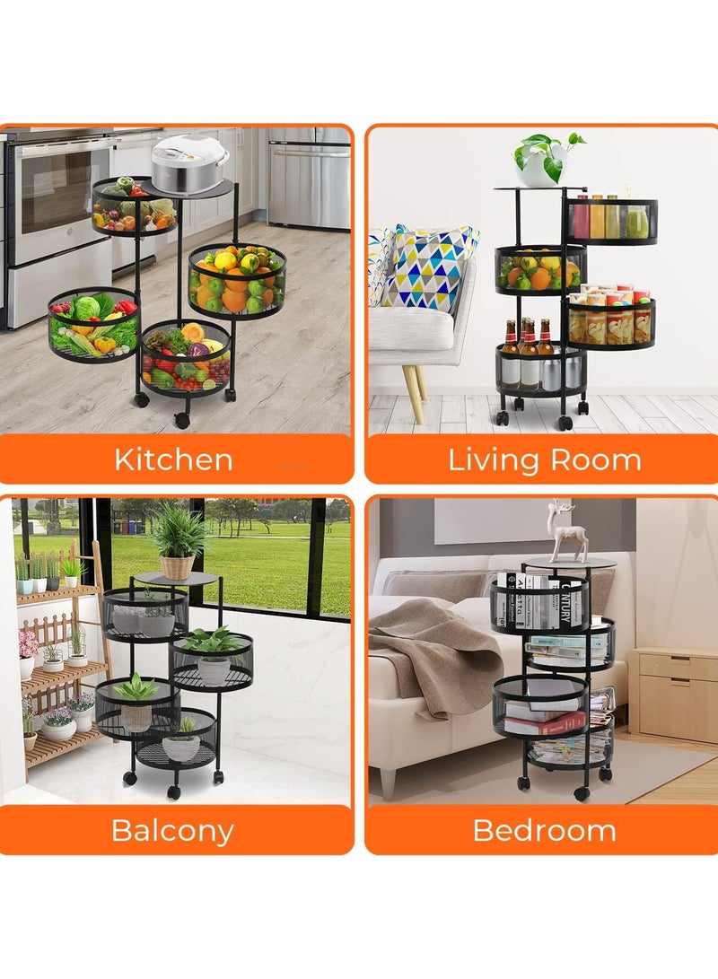 Todeco Multi-Function Rotating Storage Rack, 4-Tier Round Kitchen Storage Shelf on Wheels, Floor-Standing Fruit Vegetable Storage Basket, Household Storage Organizer for Kitchen Living Room, Black - Image 2