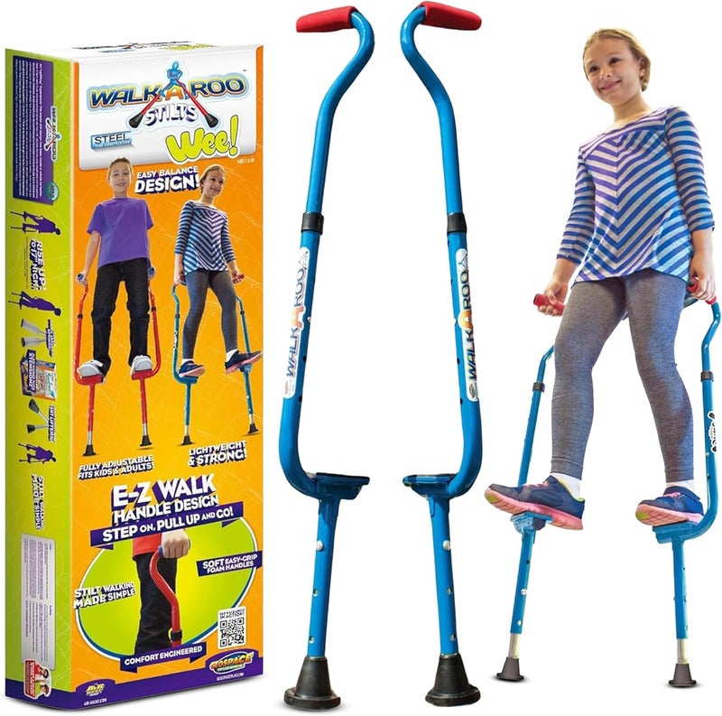 Geospace Original Walkaroo Steel 'Wee' Balance Stilts with Adjustable Height for Little Kids & Beginners (Ages 4+ and up to 120 lbs) For Active Play & Excercise; comes in Assorted Colors (Red or Blue) - Image 1