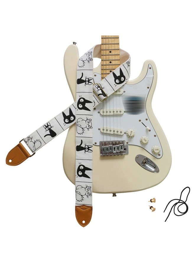 MUSIC FIRST Original Design, 2 inch width (5cm), Cute"Comic Cat" Soft Cotton Canvas & Genuine Leather Electric Guitar Strap (Comic Cat) - Image 1