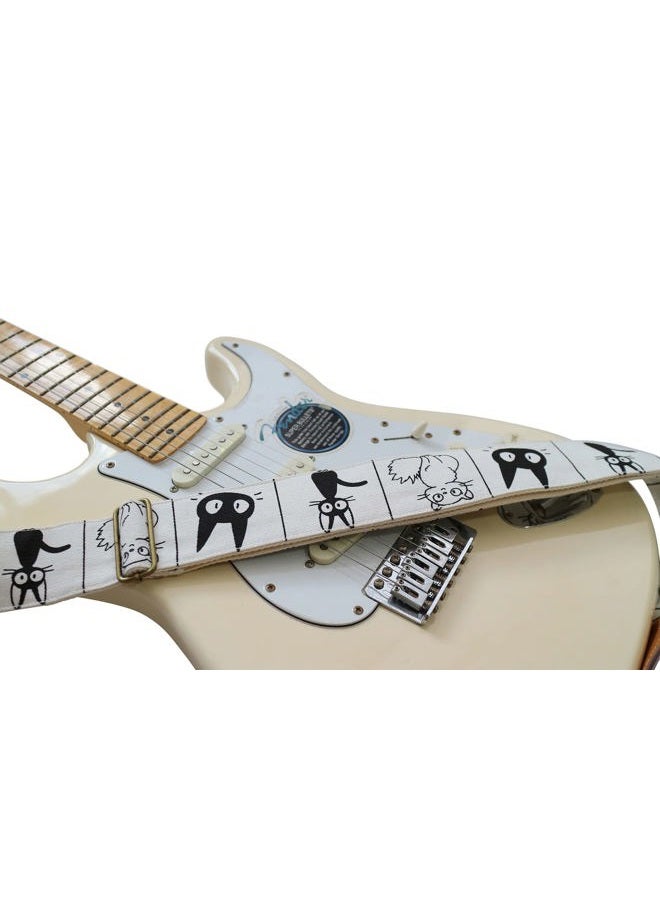MUSIC FIRST Original Design, 2 inch width (5cm), Cute"Comic Cat" Soft Cotton Canvas & Genuine Leather Electric Guitar Strap (Comic Cat) - Image 2
