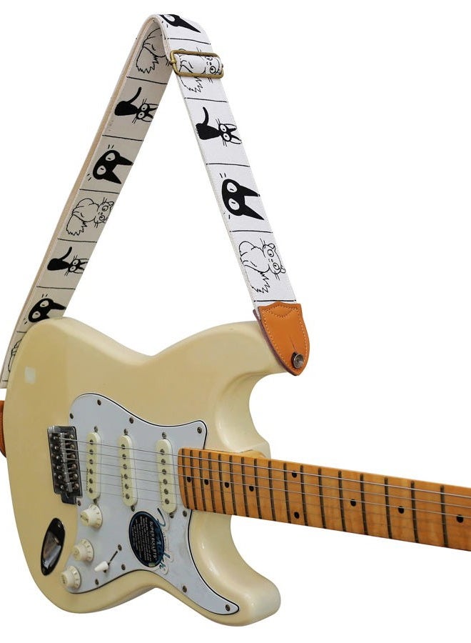 MUSIC FIRST Original Design, 2 inch width (5cm), Cute"Comic Cat" Soft Cotton Canvas & Genuine Leather Electric Guitar Strap (Comic Cat) - Image 3