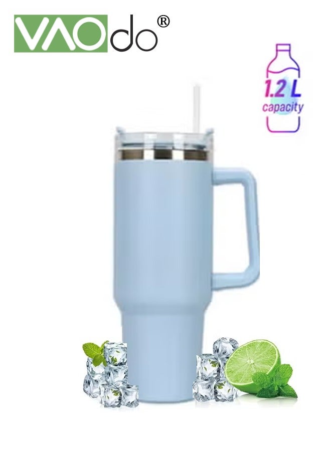 VAOdo 1200ML Stainless Steel Tumbler with Lid Straw and Handle, Reusable Insulated Cup with Top Leak Proof Dishwasher Safe Suitable for Hot and Iced Drinks Blue - Image 1