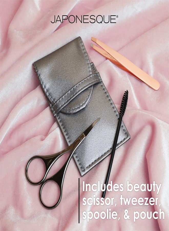 JAPONESQUE Luxe Brow Kit, Rose Gold Slant Tweezers, Beauty Scissors, One Spoolie Brush - Image 3