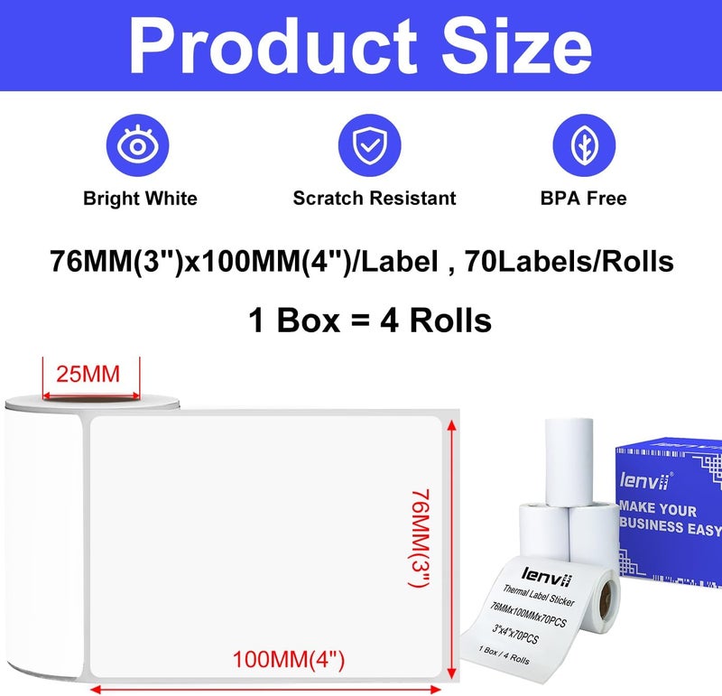 LENVII 76 x 100mm (3"x4") Thermal Labels 280 Sheets - 4 Rolls × 70 Labels, 3-Proof (Water/Oil/Scratch) Multi-Use Adhesive Stickers for Address/Barcode/FNSKU Tags - Home/Office/Product/Gift Labeling - Image 2