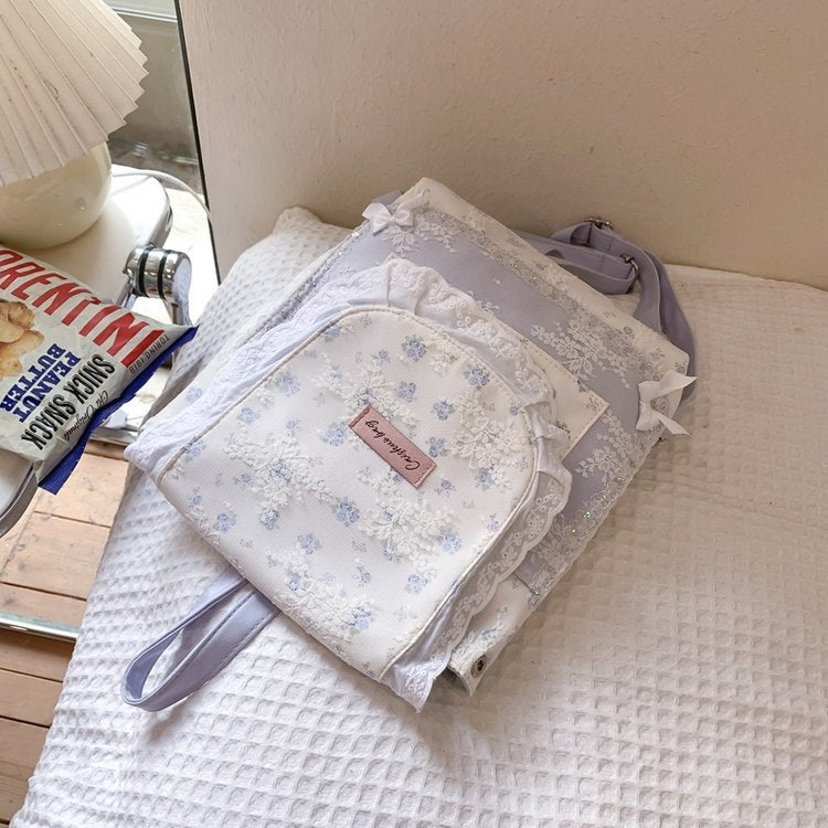 Cute Girl Backpack Womens Mori Style Small Flower Bag Cat Lace Casual Portable Casual Commuter Backpack light blue flower 