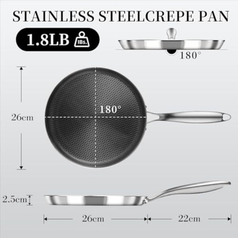 مقلاة كريب من الفولاذ المقاوم للصدأ - مقلاة كريب غير لاصقة مقاس 26 سم، مقلاة فطائر مطلية على شكل قرص العسل من الفولاذ المقاوم للصدأ، مقلاة مسطحة غير لاصقة Tawa Dosa Tortilla Griddle Pan، متوافقة مع الحث، خالية من PFOA 26 سم - Image 2