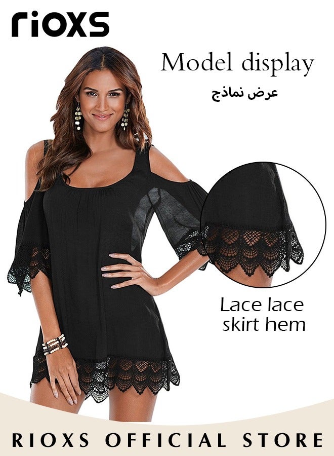 RIOXS Women's Cover Up Dress Summer Cold Shoulder Lace Loose Bikini Swimsuit Beach Dress Pullover Dress Bathing Suit Ladies Soild Lace Edge Coverup  - Image 3