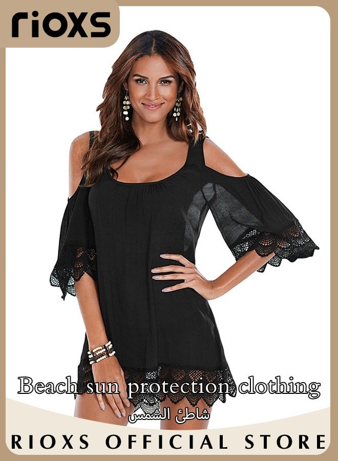 RIOXS Women's Cover Up Dress Summer Cold Shoulder Lace Loose Bikini Swimsuit Beach Dress Pullover Dress Bathing Suit Ladies Soild Lace Edge Coverup  - Image 2