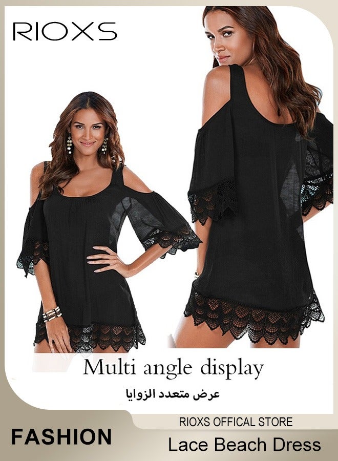 RIOXS Women's Cover Up Dress Summer Cold Shoulder Lace Loose Bikini Swimsuit Beach Dress Pullover Dress Bathing Suit Ladies Soild Lace Edge Coverup  - Image 1