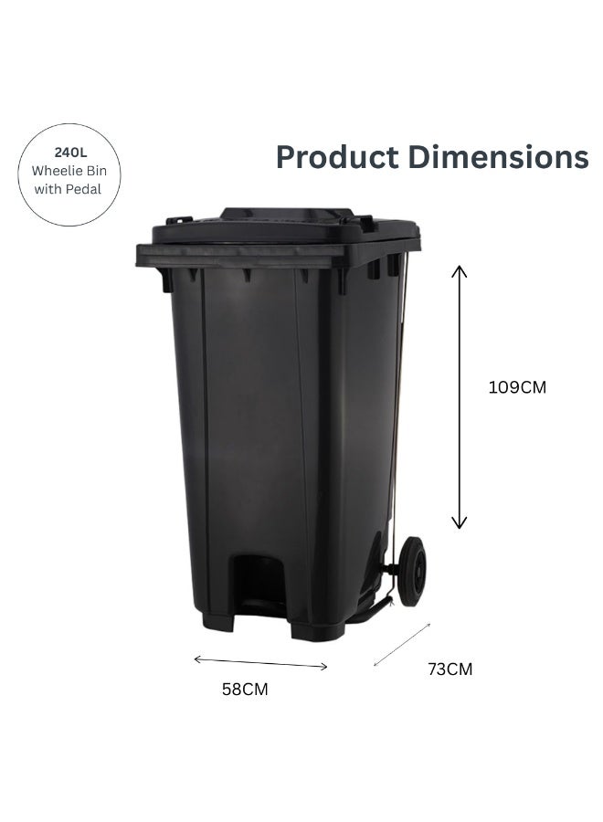 Marcolo 240L Heavy-Duty Pedal Dustbin with Central Pedal – Grey – UV Resistant & Weatherproof HDPE Plastic – Outdoor & Indoor Waste Bin with Wheels - Image 4