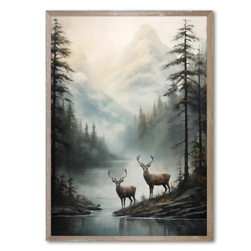 Wallvelart Vintage Deer Wall Art Misty Picture Forest Animal Canvas Mountain Lake Print Wildlife Artwork Mountain Poster Forest Landscape Picture 16x24in No Frame - Image 1