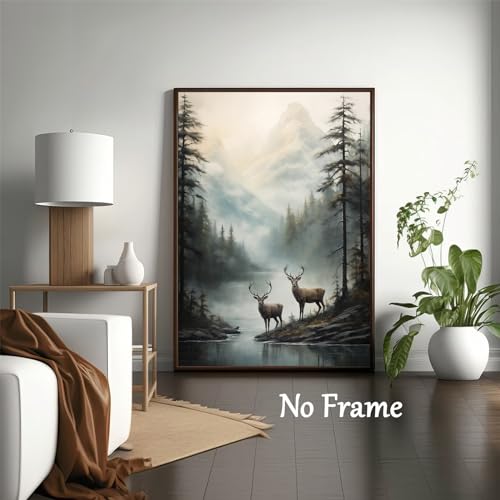 Wallvelart Vintage Deer Wall Art Misty Picture Forest Animal Canvas Mountain Lake Print Wildlife Artwork Mountain Poster Forest Landscape Picture 16x24in No Frame - Image 2