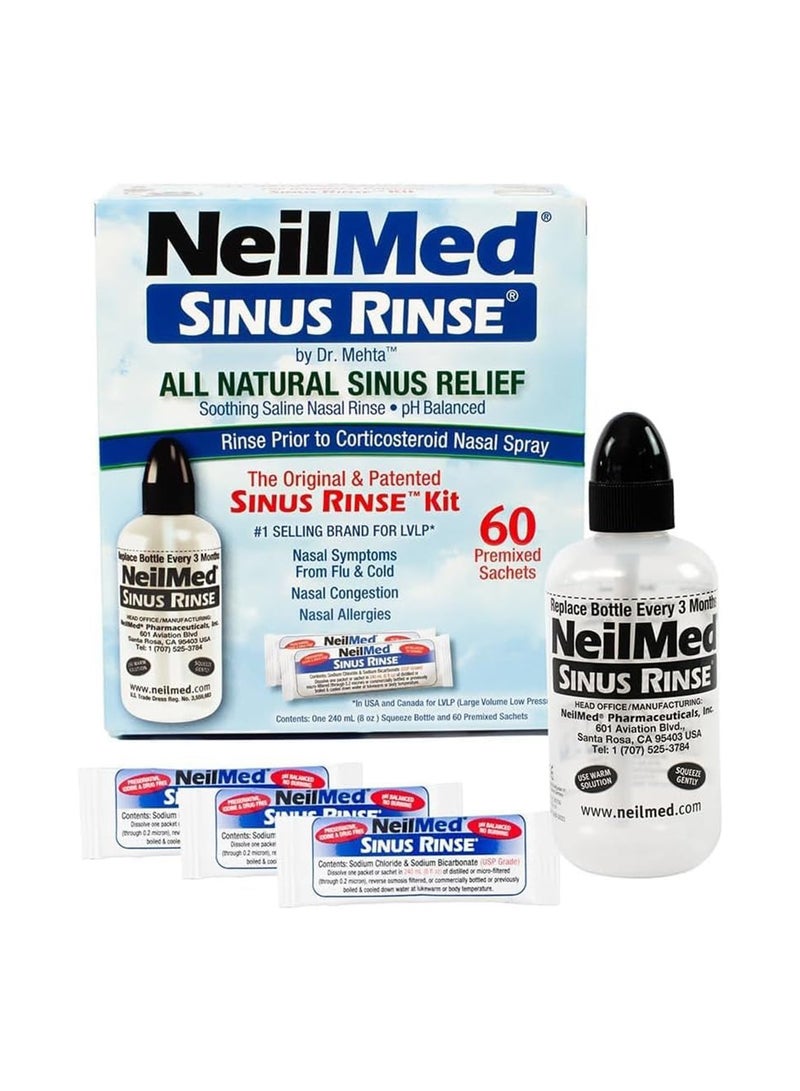 NeilMed Sinus Rinse Kit 60 Premixed Packets With Bottle All Natural Nasal Irrigation System