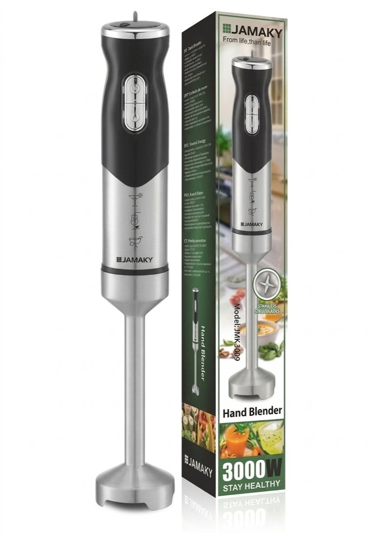 Jamaki Hand Blender 3000W Multi Speed – 4 Sharp Stainless Steel Blades – Powerful & Low Noise for Juices Soups & Sauces