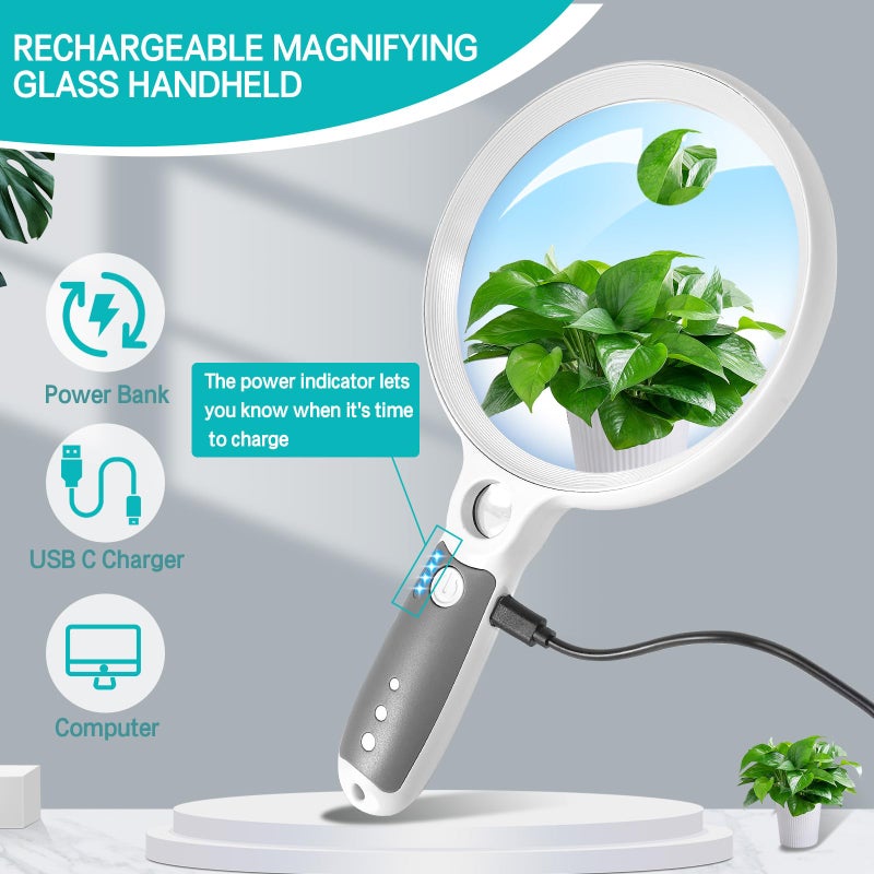 GABORISH Large Magnifying Glass with 37 LED Light, 10X 20X 45X Handheld Illuminated Lighted Magnifier with 3 Light Modes Rechargeable Magnifying Glass for Seniors Reading, Inspection (White & Grey) - Image 4