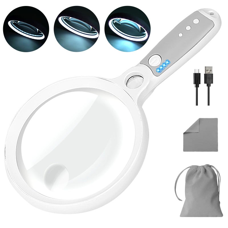 GABORISH Large Magnifying Glass with 37 LED Light, 10X 20X 45X Handheld Illuminated Lighted Magnifier with 3 Light Modes Rechargeable Magnifying Glass for Seniors Reading, Inspection (White & Grey) - Image 1