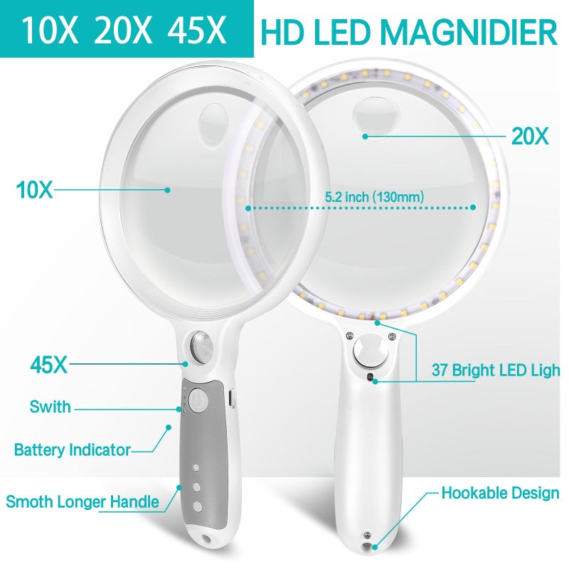 GABORISH Large Magnifying Glass with 37 LED Light, 10X 20X 45X Handheld Illuminated Lighted Magnifier with 3 Light Modes Rechargeable Magnifying Glass for Seniors Reading, Inspection (White & Grey) - Image 5