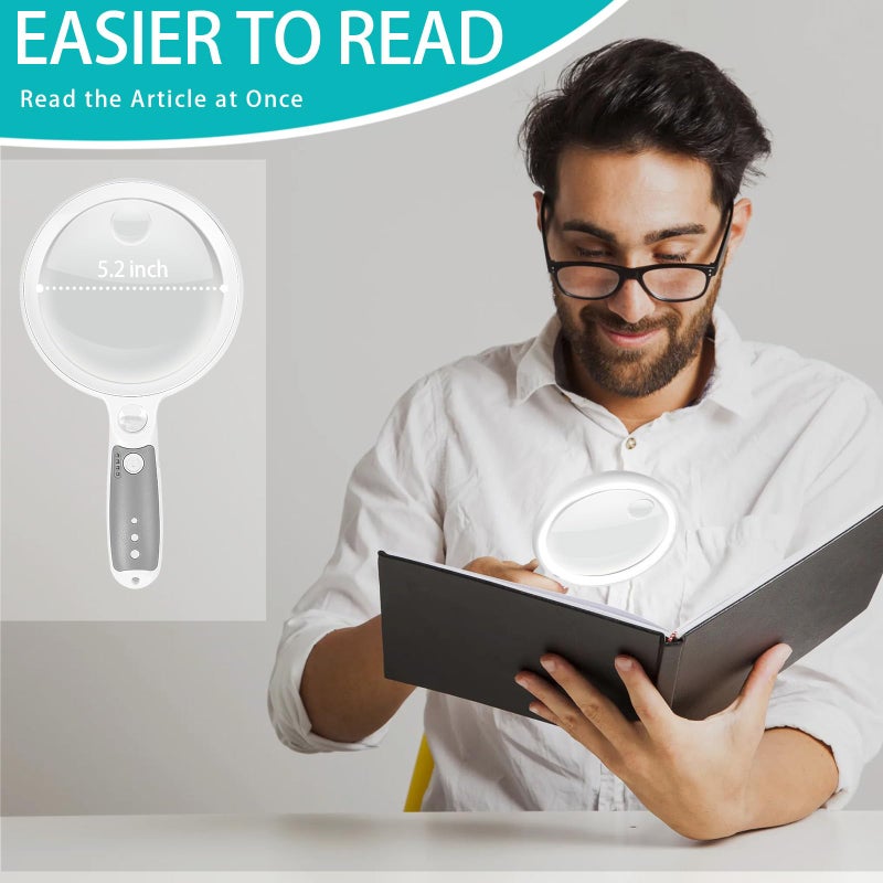 GABORISH Large Magnifying Glass with 37 LED Light, 10X 20X 45X Handheld Illuminated Lighted Magnifier with 3 Light Modes Rechargeable Magnifying Glass for Seniors Reading, Inspection (White & Grey) - Image 2