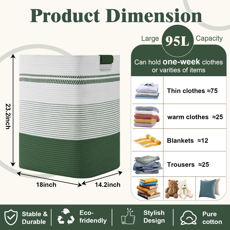 Degeyoyo Laundry Hamper, 95L Tall Laundry Basket with Leather Handles, Rectangle Large Clothes Hamper for Organizing, Cotton Woven Laundry Baskets Storage Hampers for Bedroom, Nursery, Living Room - Image 3