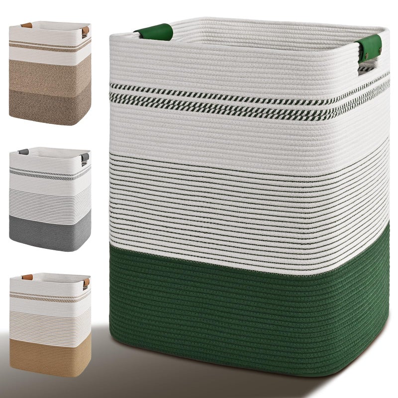 Degeyoyo Laundry Hamper, 95L Tall Laundry Basket with Leather Handles, Rectangle Large Clothes Hamper for Organizing, Cotton Woven Laundry Baskets Storage Hampers for Bedroom, Nursery, Living Room - Image 1