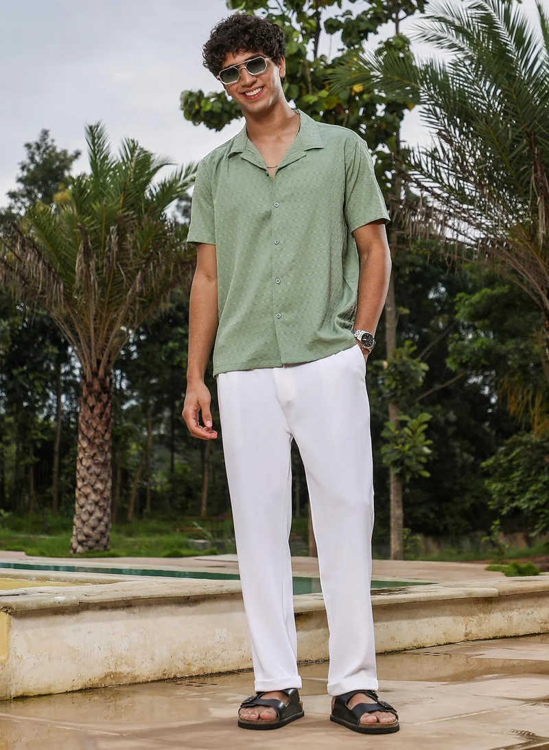CAHOOT  Men's Pistachio Green Embroidered Crease-Striped Shirt for Men | Best Price UAE