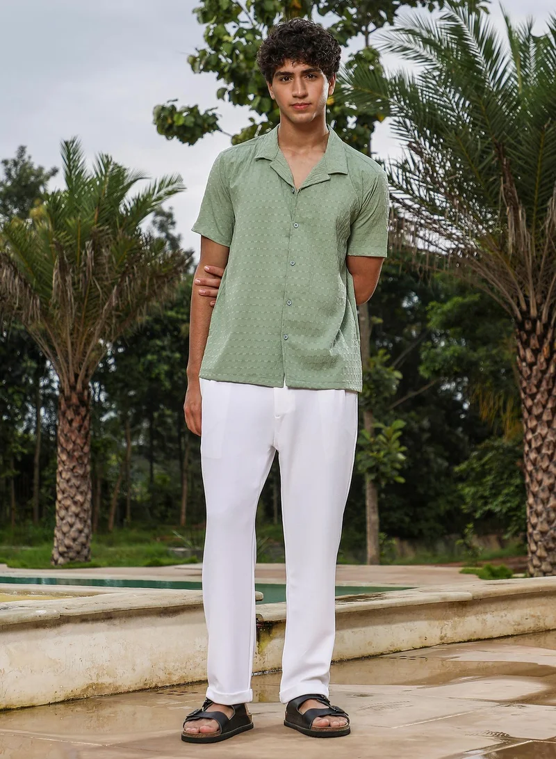 CAHOOT  Men's Pistachio Green Embroidered Crease-Striped Shirt for Men | Best Price UAE