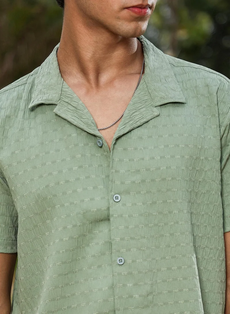 CAHOOT  Men's Pistachio Green Embroidered Crease-Striped Shirt for Men | Best Price UAE