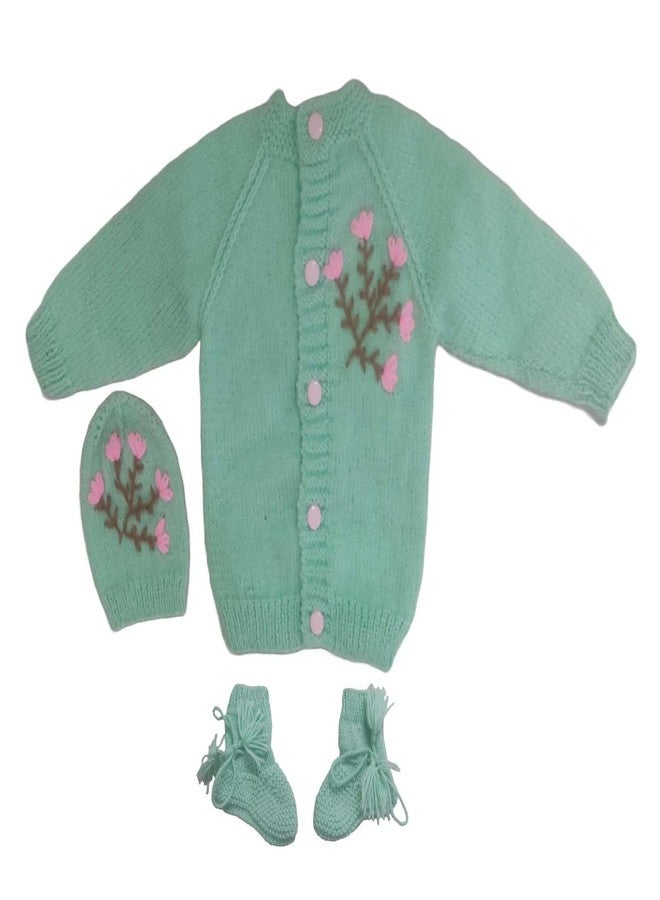 Cute Collection Handmade Front Open Woolen Sweater with Cap and Pair of Socks Set for Winter 0-6 Months Babies and New Born Baby (Color, Green) - Image 1