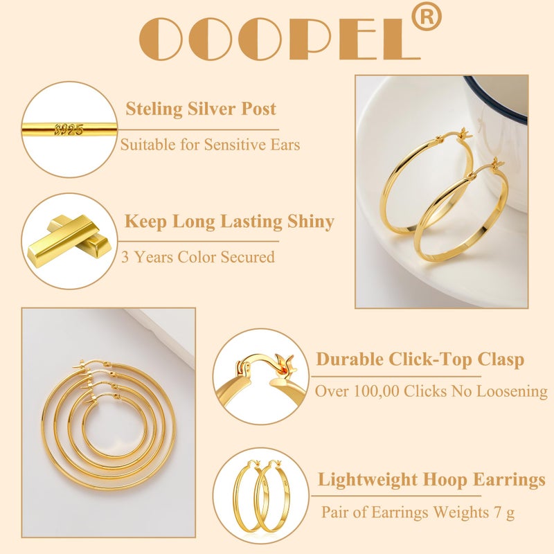 OOOPEL 3mm Wide Large Gold Hoop Earrings for Women Hypoallergenic Sterling Silver Post Earrings Hoops Lightweight 14k Gold Hoop Earrings for Women - Image 3