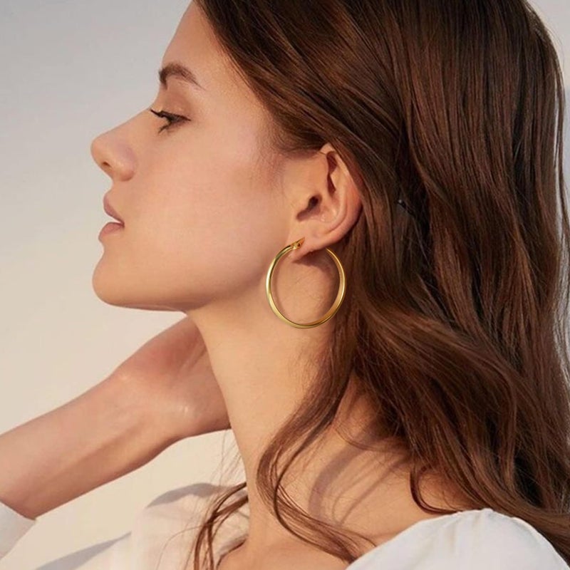 OOOPEL 3mm Wide Large Gold Hoop Earrings for Women Hypoallergenic Sterling Silver Post Earrings Hoops Lightweight 14k Gold Hoop Earrings for Women - Image 2