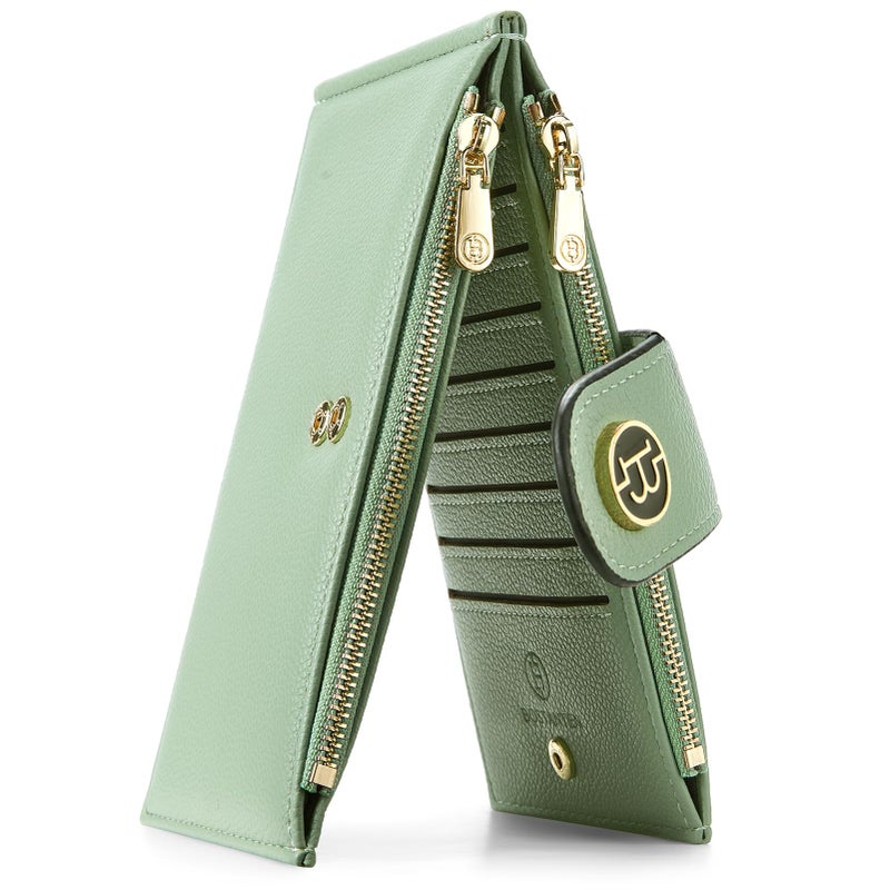 BOSTANTEN Leather Wallets for Women Large RFID Blocking Slim Bifold Purse Card Holder with Zipper Pocket Green - Image 1