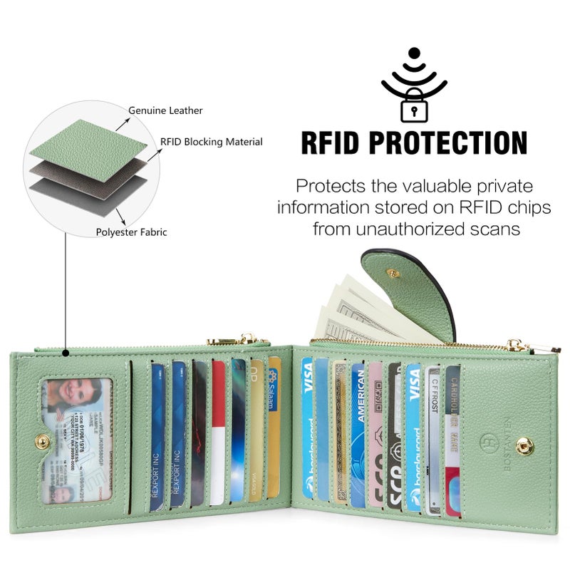 BOSTANTEN Leather Wallets for Women Large RFID Blocking Slim Bifold Purse Card Holder with Zipper Pocket Green - Image 5