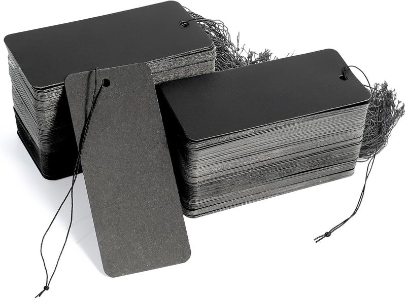 200 Pcs Black Tags with Elastic String, 40×90mm (3.5×1.6 Inches) Large Price Tags for Retail Clothing Handicraft Display - Image 1
