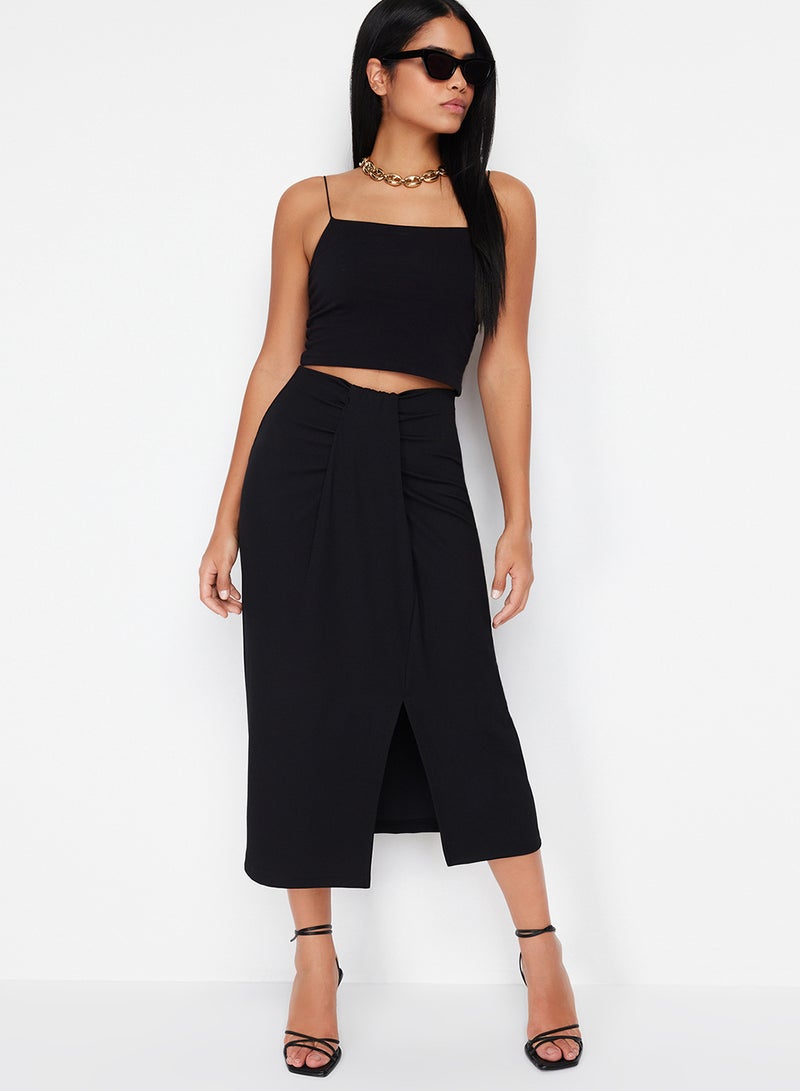 trendyol Black Twisted Wrap Body Fitting Stretchy Knitted Midi Skirt Twoss24Et00088 - Image 2