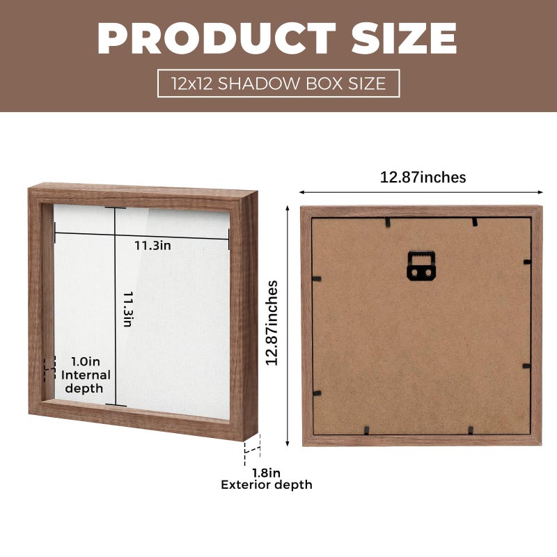 Muzilife 12x12 Shadow Box Picture Frame with Linen Board - Deep Wood & Glass Display Rustic Case Ready to Hang Memorabilia, Pins, Awards, Medals, Wedding, Tickets, and Photos, Carbonized Large - Image 3